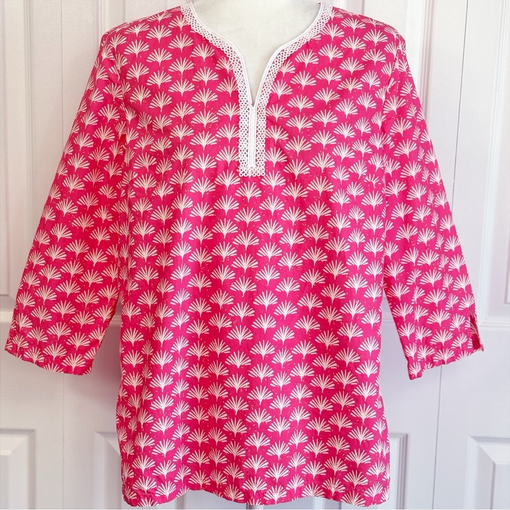 Talbots Pink & White Multi Print V-Neck 3/4 Sleeve Popover Blouse MP